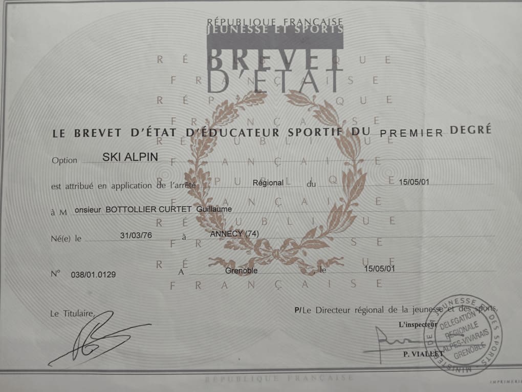 Brevet d'État d'Éducateur Sportif du Premier Degré obtenu par Guillaume Bottolier Curtet